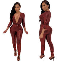 Sequined V-neck Long Sleeve Nightclub Jumpsuit