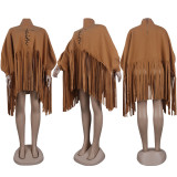 Fashion Solid Color Embroidery Long-sleeved Fringed Top