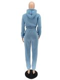 Hooded Solid Color Leisure Sports Drawstring Two-piece Suit