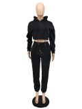 Hooded Solid Color Leisure Sports Drawstring Two-piece Suit
