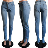 Sexy Skinny High-stretch Denim Pants With Side Slits