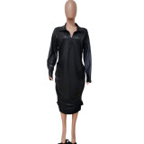 Pleated Long-sleeved Leather Dress