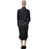 Pleated Long-sleeved Leather Dress
