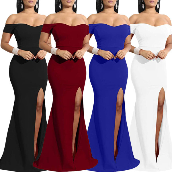 2021 One-shoulder Slit Evening Dress Solid Color Dress