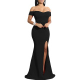 2021 One-shoulder Slit Evening Dress Solid Color Dress