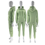 Casual Solid Color Hooded Pocket Drawstring Suit