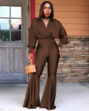 Solid Color Sexy V-neck Big Flared Trousers Two-piece Suit