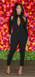 Solid Color Long-sleeved Invisible Zipper Sexy Hollow Jumpsuit