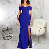 2021 One-shoulder Slit Evening Dress Solid Color Dress