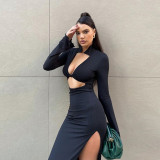 2021 Sexy Hollow Low-cut High-waist Slit Slim Long Dress