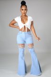 Pure Color Casual Washed Denim Flared Pants