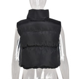 Double-faced Cotton Sleeveless Short Jacket With Stand-up Collar And Zipper
