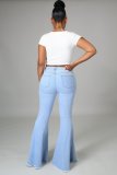 Pure Color Casual Washed Denim Flared Pants