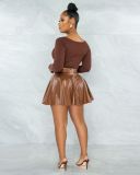 Casual Solid Color Pu Leather Skirt Long Sleeve Pit Strip Two-piece Suit