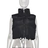 Double-faced Cotton Sleeveless Short Jacket With Stand-up Collar And Zipper