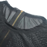 Long Sleeve Round Neck Mesh Stitching PU Leather Dress