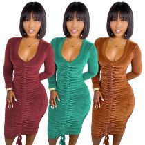 New Solid Color Ruched V-neck Dress