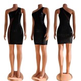 Slanted Shoulder Sequined Mesh Sexy Fashionable Hip Dress