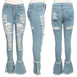 Versatile Washed Ripped Spliced High-waisted Micro Flared Jeans