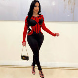 Fashion Sexy Mesh Color Matching See-through Long-sleeved Jumpsuit