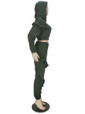 Pure Color Hooded Wood Ear Edge Zipper Sweater Two-piece Suit