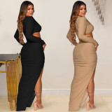 Solid Color Round Neck Long Sleeve Hollow Split Dress