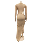 Solid Color Round Neck Long Sleeve Hollow Split Dress