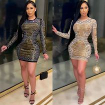 Sexy Nightclub Colored Diamond Long Sleeve Dress