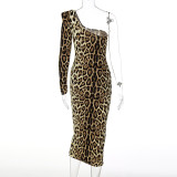 Sexy Leopard Print Long Sleeve Split Dress