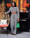 Irregular Black And White Stripes Showing Navel Two-piece Suit