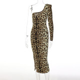 Sexy Leopard Print Long Sleeve Split Dress