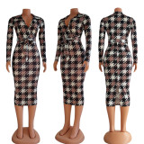 Fashion Sexy Tight Houndstooth Long Sleeve Dress