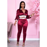 Pure Color Stitching Pleated Casual Sports Two-piece Suit