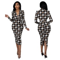 Fashion Sexy Tight Houndstooth Long Sleeve Dress