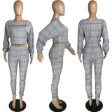 Women Plaid Print Long Sleeve Crop Tops Pants Two Piece Sets
