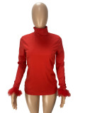 Fashion Solid Color High Neckline Cuff Feather Slim Bottoming Shirt