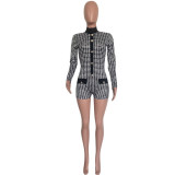 Sexy Tight Houndstooth Long Sleeve Jumpsuit