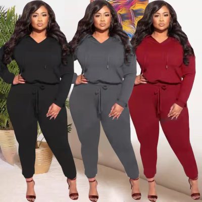 Solid Color Hooded Pocket Plus Size Two-piece Suit