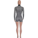 Sexy Tight Houndstooth Long Sleeve Jumpsuit