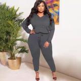 Solid Color Hooded Pocket Plus Size Two-piece Suit
