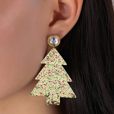 Sequined Christmas Tree Leather Earrings