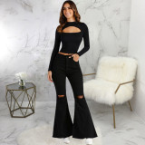 Fashion All-match Wide-leg Jeans With Ripped Knees