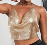 Fashion Nightclub Metallic Sequins Tethered Sling Deep V Navel Vest