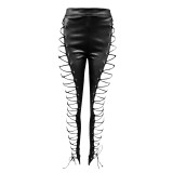 Leather Eyelet Straps High Waist Sexy Leather Pants