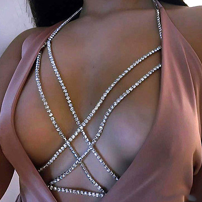 Sexy Breast Chain, Cross Rhinestones, Bohemian Beach Necklace