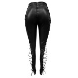 Leather Eyelet Straps High Waist Sexy Leather Pants