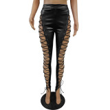 Leather Eyelet Straps High Waist Sexy Leather Pants