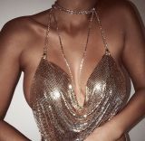 Fashion Nightclub Metallic Sequins Tethered Sling Deep V Navel Vest