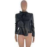 Bow Tie High Collar Long Sleeve Leather Jacket