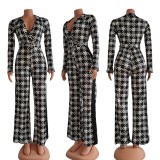 Deep V Lapel Houndstooth Wide-leg Jumpsuit With Belt